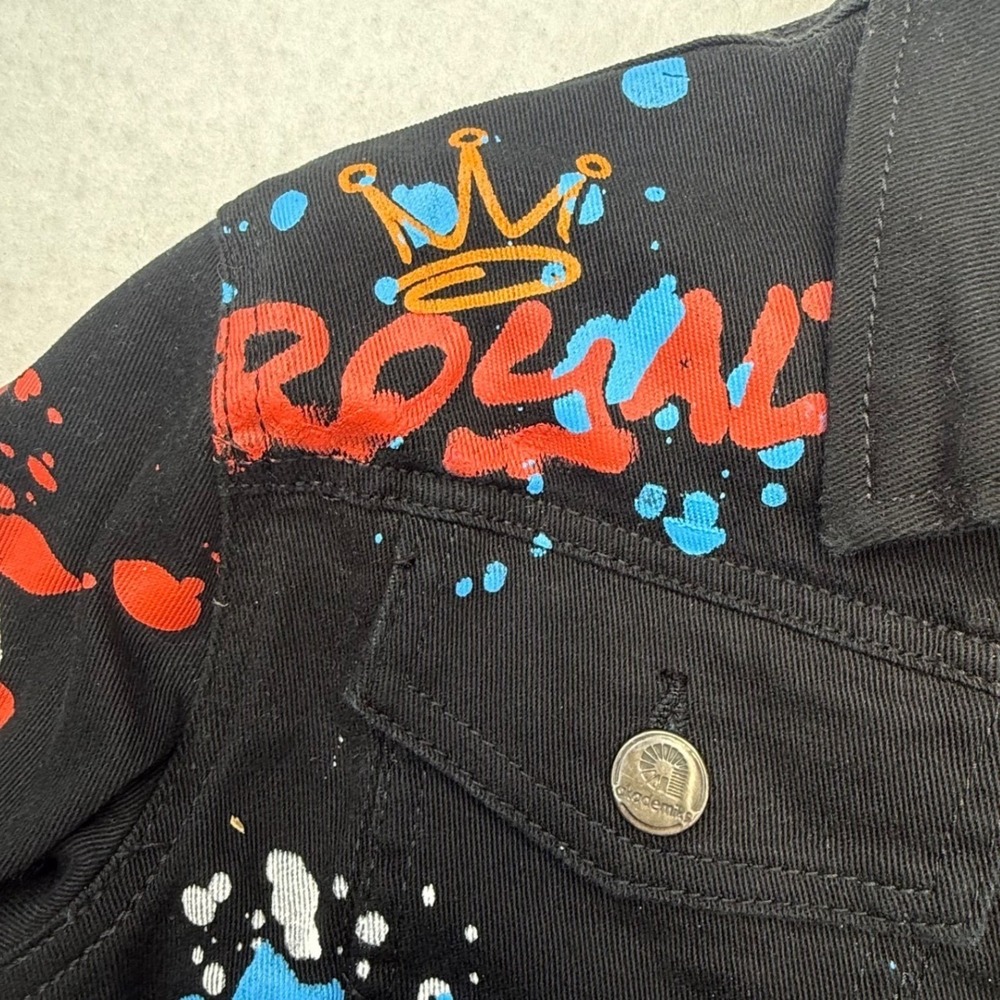 Akademiks Jean Jacket Black Y2K Graffiti Denim Jacket Street Size L 14/16 - Picture 12 of 14